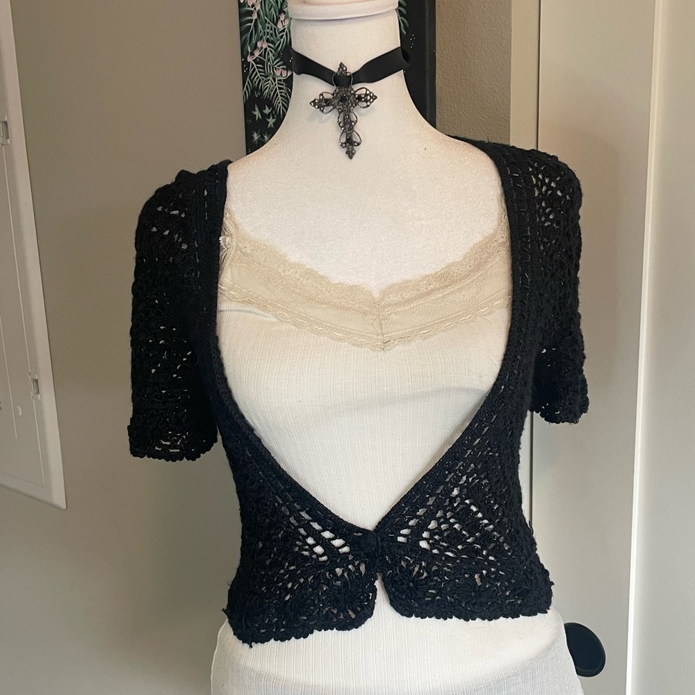 black mesh short sleeve cardigan with beaded detailing